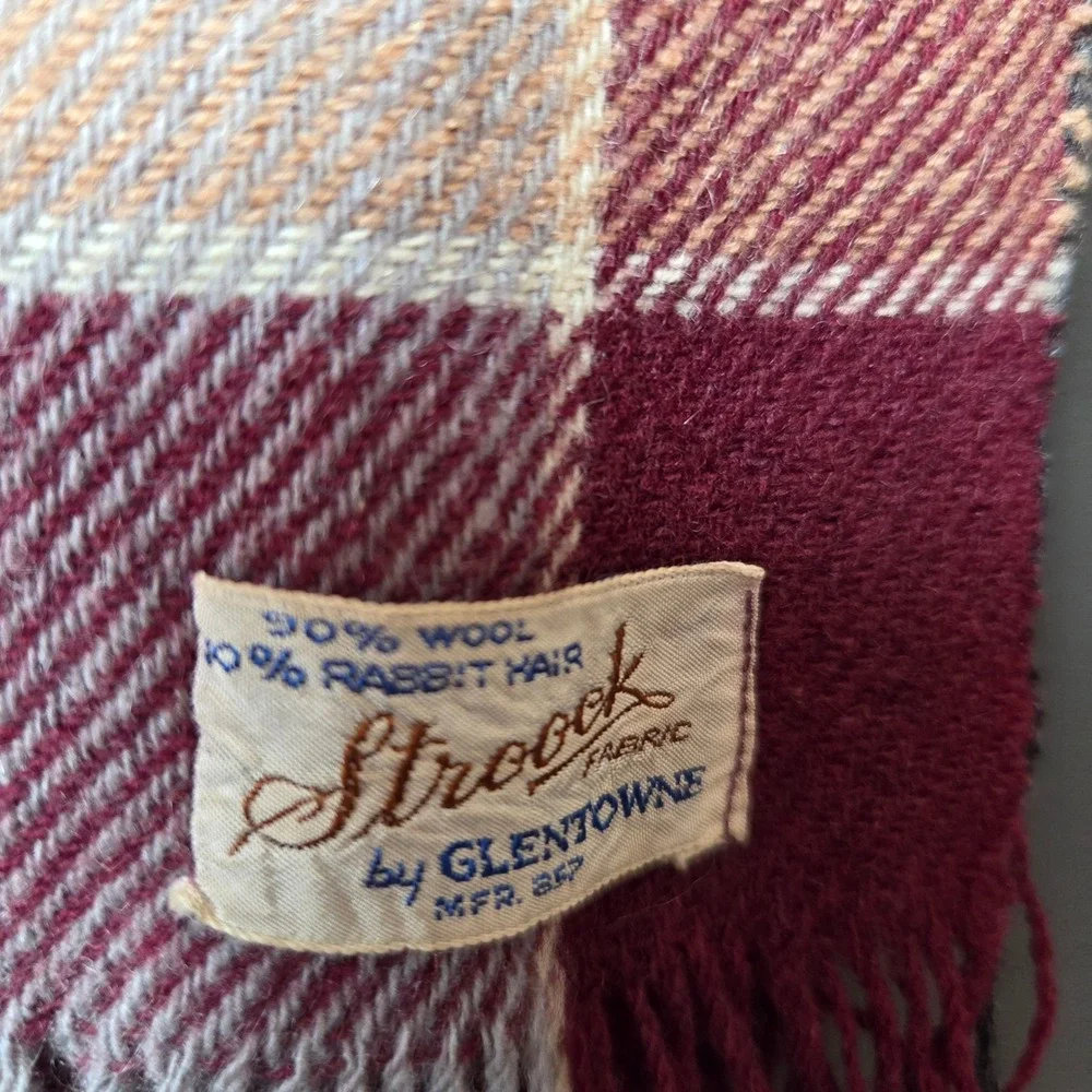 Stroock by Glentowne Plaid Wool‎ Rabbit Hair Scarf Burgundy Tan Fringe